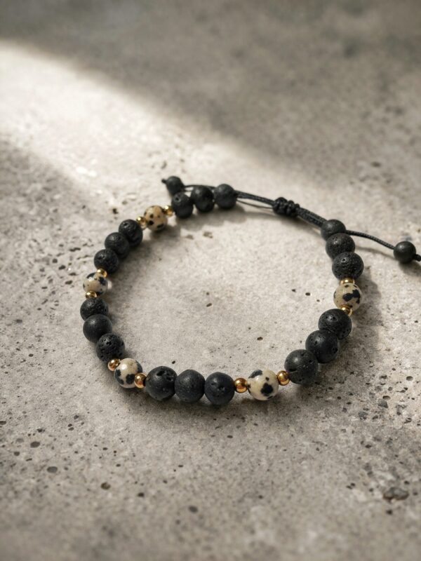 Bransoletka męska z lawy wulkanicznej i jaspisu dalmatyńskiego