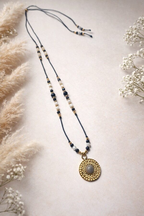 Regulowany naszyjnik z kamieniem księżycowym i turmalinem oraz labradorytem